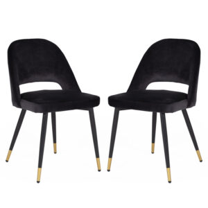 Biretta Black Velvet Dining Chairs With Metal Frame In Pair