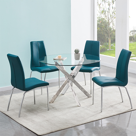 Daytona Round Clear Glass Dining Table With 4 Opal Teal Chairs Uk 9490