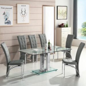 Jet Large Clear Glass Dining Table With 6 Ravenna Grey Chairs