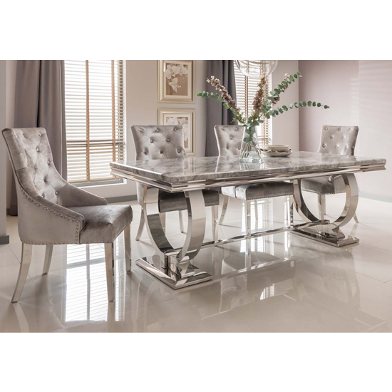 Kesley Large Grey Marble Dining Table 6 Enmore Pewter Chairs