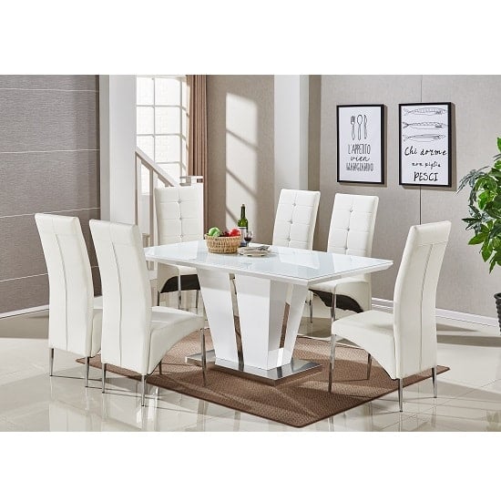 Memphis Large White Gloss Dining Table 6 Vesta White Chairs