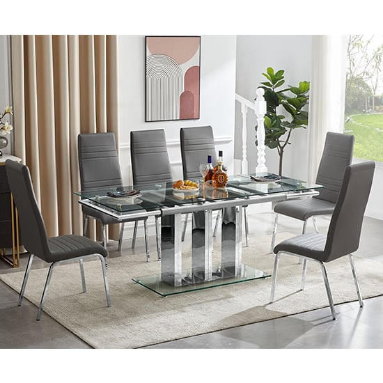 Rihanna Extending Clear Dining Table With 6 Dora Grey Chairs