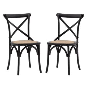 Caria Black Wooden Dining Chairs With Rattan Seat In A Pair