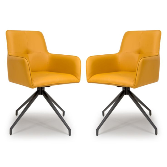 Novato Swivel Ochre Faux Leather Dining Chairs In Pair