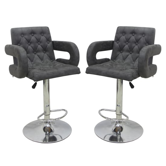 Silvis Adjustable Grey Plush Velvet Bar Stools In Pair