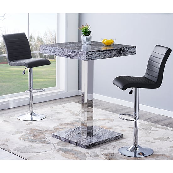 Topaz Melange Marble Effect Bar Table 2 Ripple Black Stools