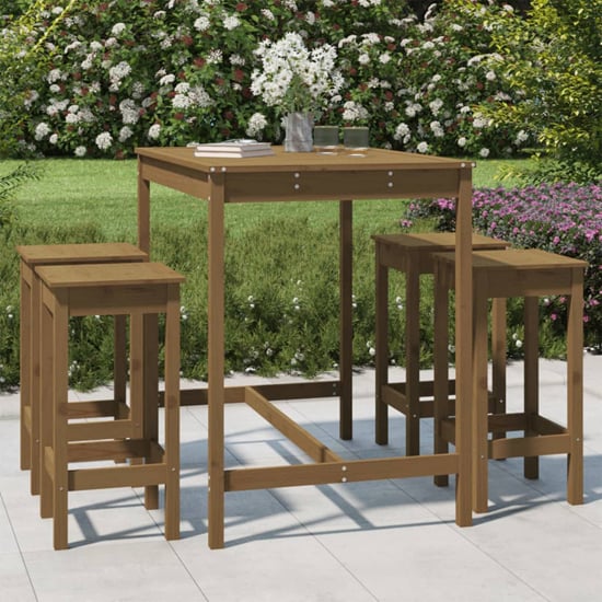 Ida Solid Pinewood 5 Piece Garden Bar Set In Honey Brown