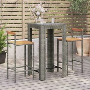 Quest Solid Wood 3 Piece Garden Bar Set In Grey Poly Rattan