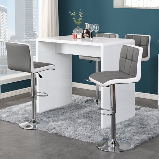 Glacier White High Gloss Bar Table 4 Copez Grey White Stools