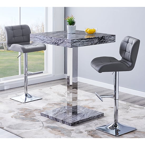 Topaz Melange Marble Effect Bar Table 2 Candid Grey Stools