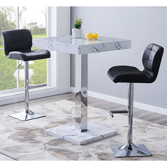 Topaz Vida Marble Effect Gloss Bar Table 2 Candid Black Stool