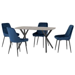 Alsip Concrete Effect Dining Table With 4 Blue Velvet Chairs