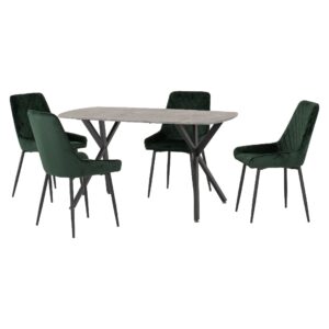 Alsip Concrete Effect Dining Table With 4 Green Velvet Chairs