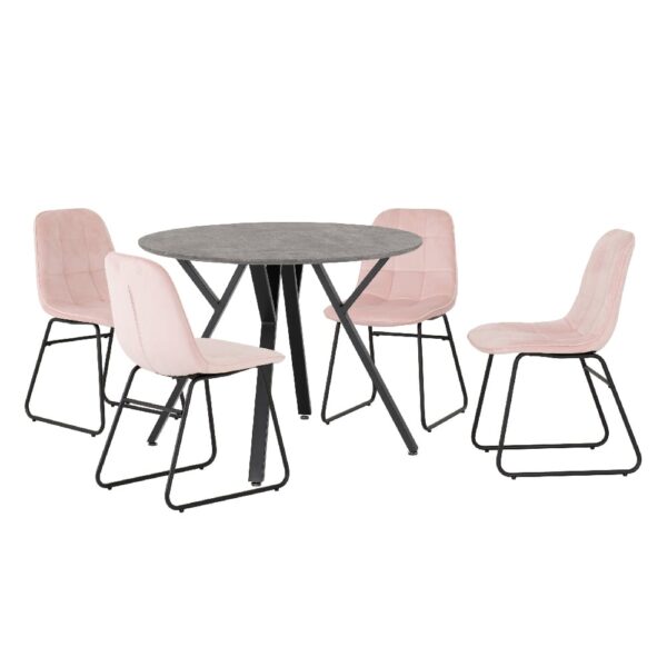 Alsip Round Concrete Dining Table With 4 Lyster Pink Chairs