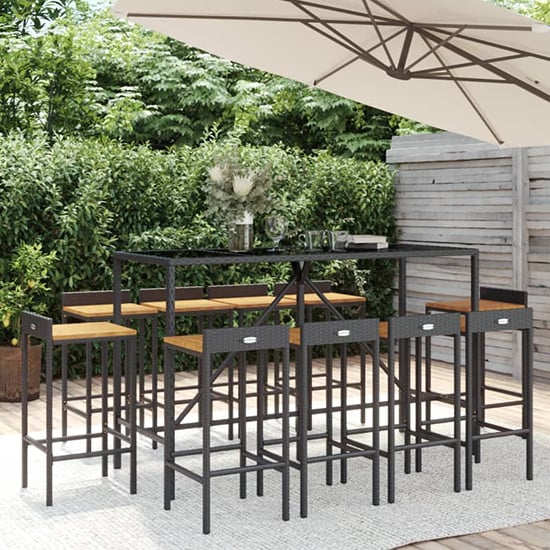 Denji Solid Wood 11 Piece Garden Bar Set In Black Poly Rattan