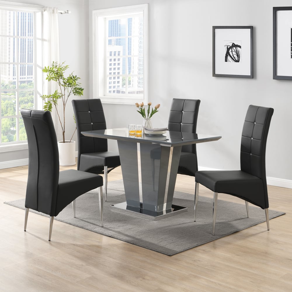 Memphis Small Grey Gloss Dining Table With 4 Vesta Black Chairs