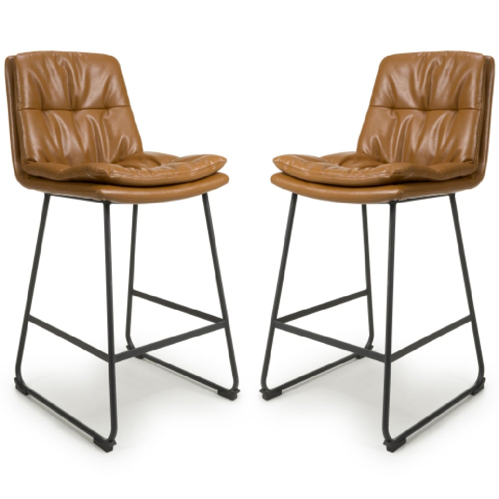 Attica Tan Leather Bar Chairs With Metal Legs In Pair