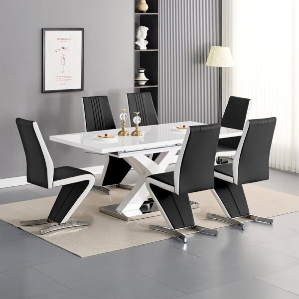 Axara Large Extending White Dining Table 6 Gia Black White Chairs