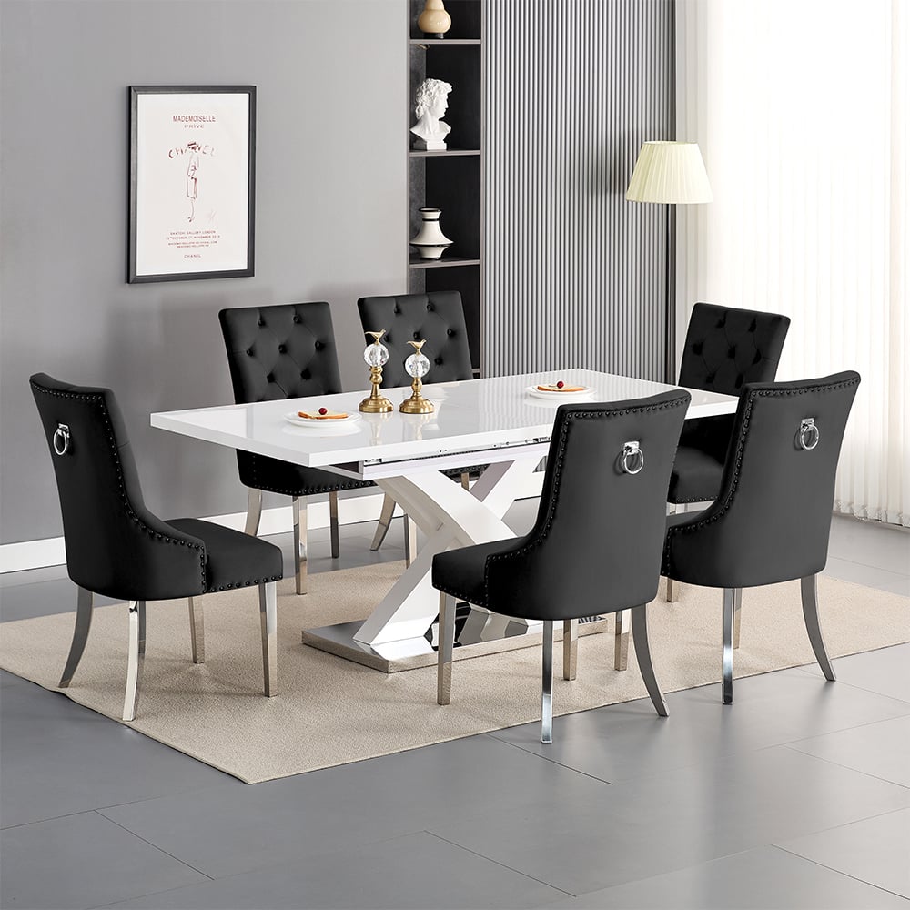 Axara Large Extending White Dining Table 6 Imperial Black Chairs