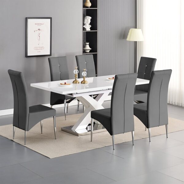 Axara Large Extending White Dining Table 6 Vesta Grey Chairs