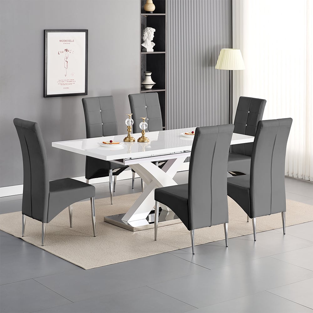 Axara Large Extending White Dining Table 6 Vesta Grey Chairs