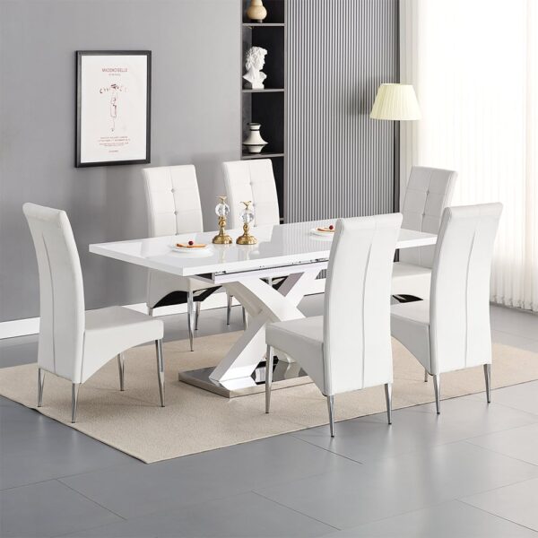 Axara Large Extending White Dining Table 6 Vesta White Chairs