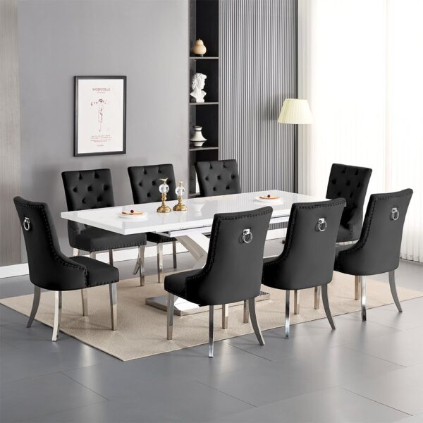 Axara Large Extending White Dining Table 8 Imperial Black Chairs