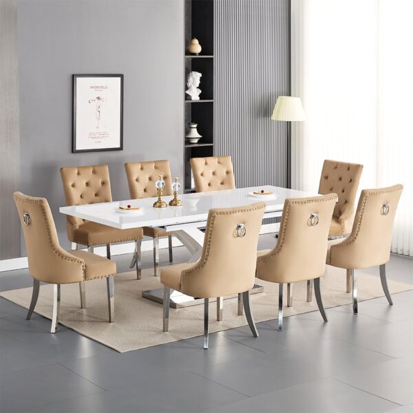 Axara Large Extending White Dining Table 8 Imperial Champagne Chairs