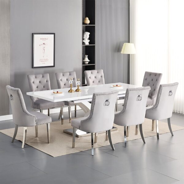 Axara Large Extending White Dining Table 8 Imperial Grey Chairs