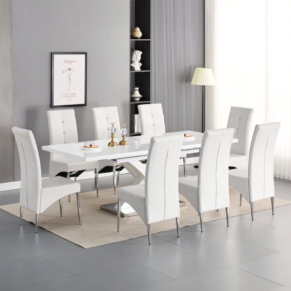 Axara Large Extending White Dining Table 8 Vesta White Chairs