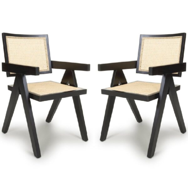 Derby Oak And Black Rattan Wooden Dining Chairs In Pair