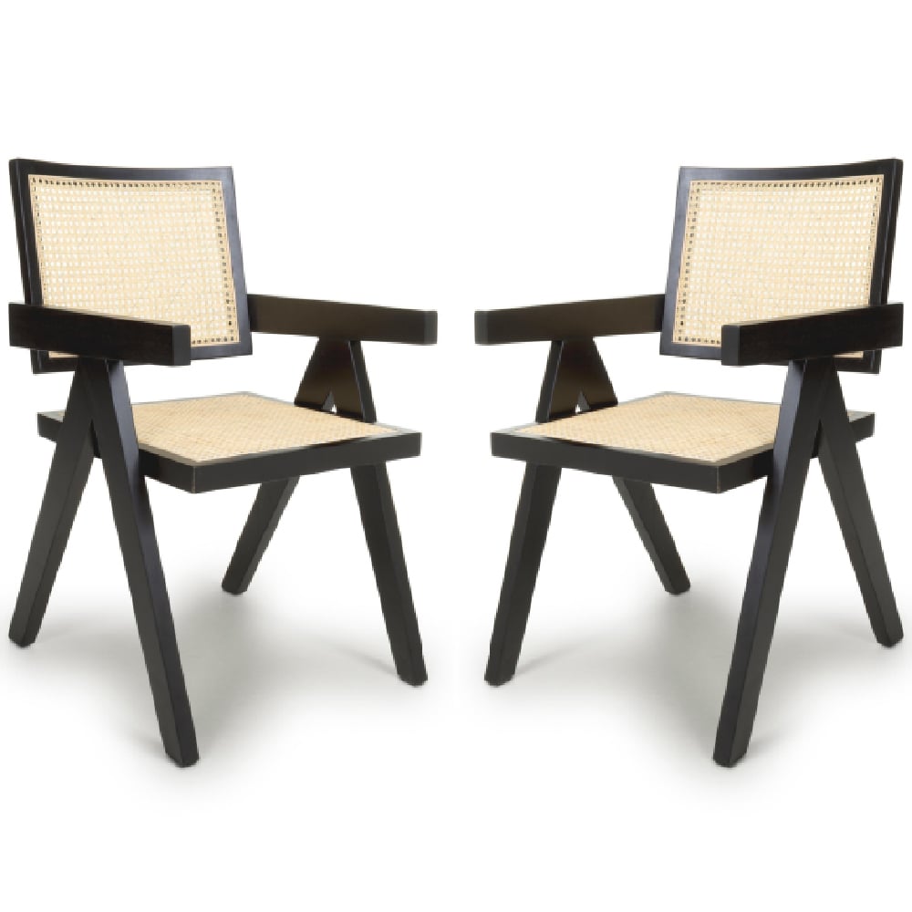 Derby Oak And Black Rattan Wooden Dining Chairs In Pair