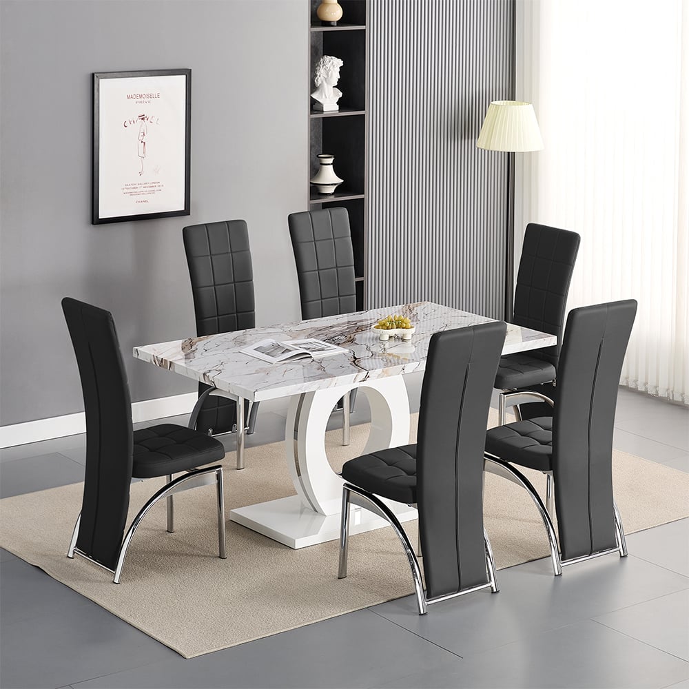 Halo Milo Marble Effect Dining Table 6 Ravenna Black Chairs