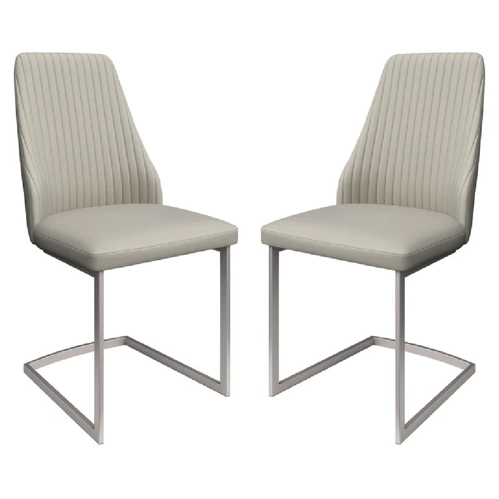 Madrid Light Grey Leather Dining Chairs With Steel Legs In Pair