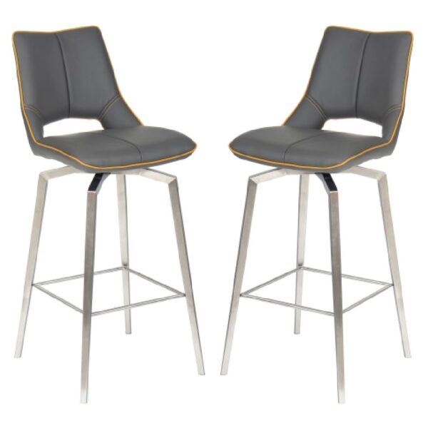 Mosul Graphite Grey Leather Bar Chairs With Steel Legs In Pair