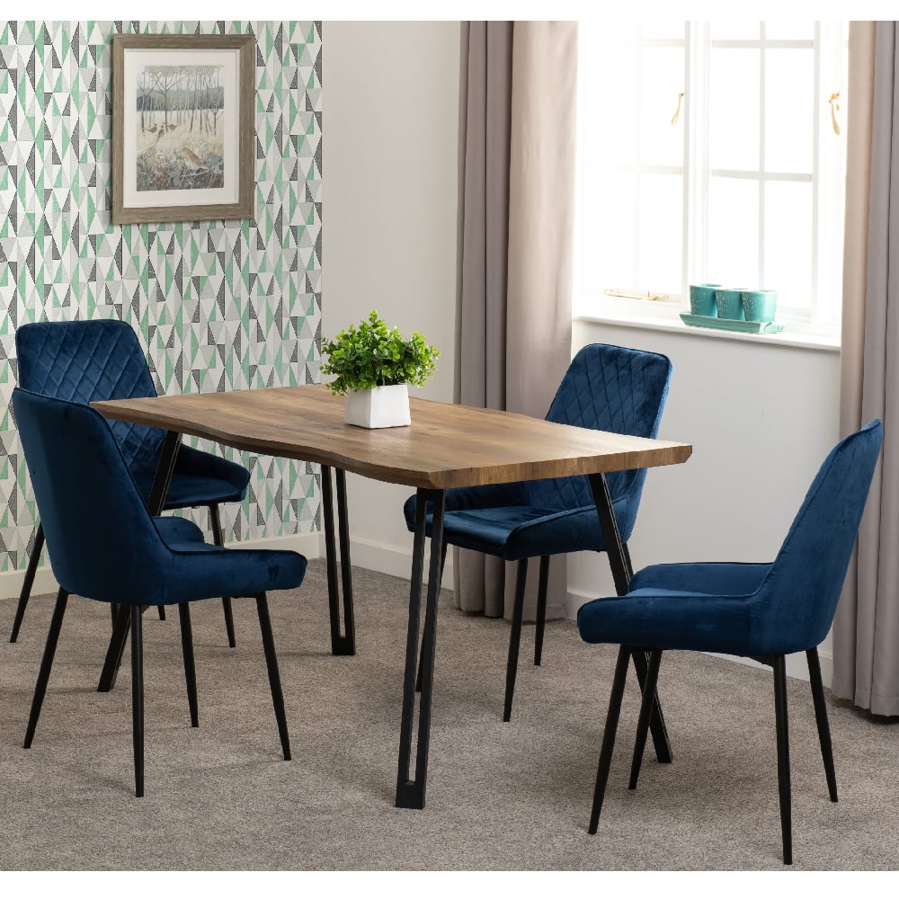 Qinson Wave Edge Wooden Dining Table With 4 Avah Blue Chairs