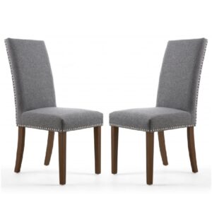 Rabat Steel Grey Fabric Dining Chairs With Walnut Legs In Pair