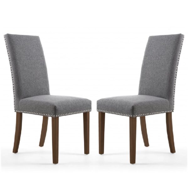 Rabat Steel Grey Fabric Dining Chairs With Walnut Legs In Pair