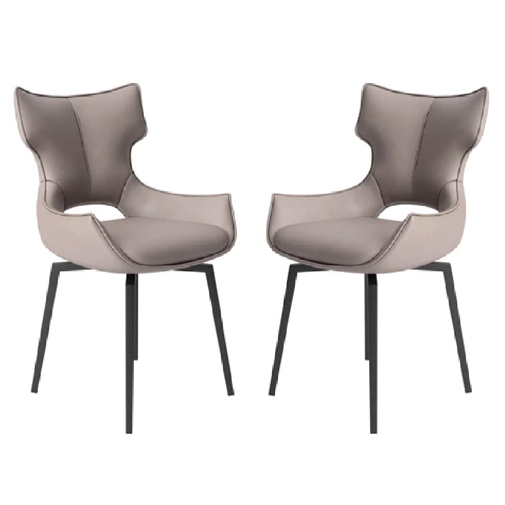 Rayong Taupe Leather Dining Chairs With Black Legs In Pair