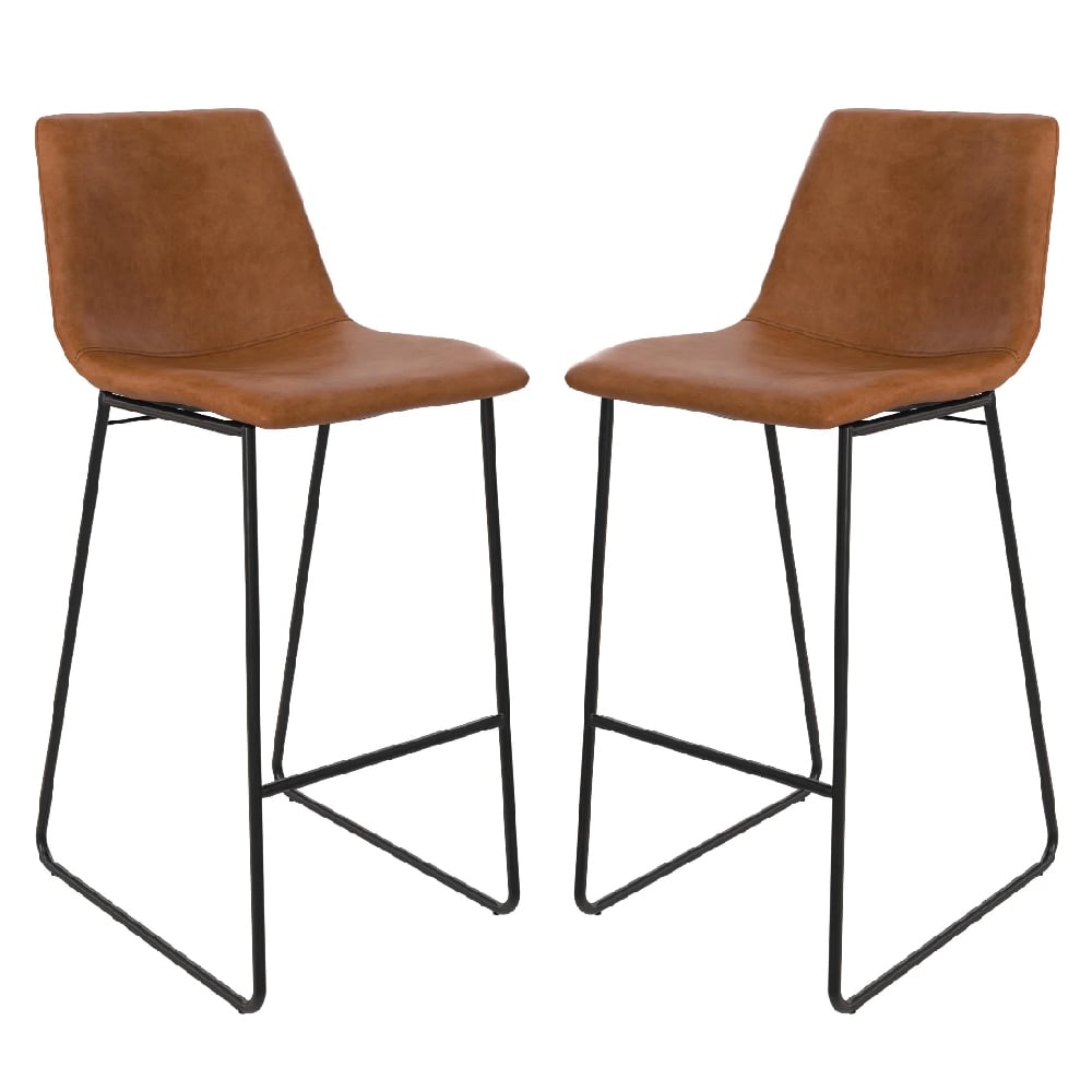 Berlin Caramel Maple PU Leather Bar Stools With Black Leg In Pair