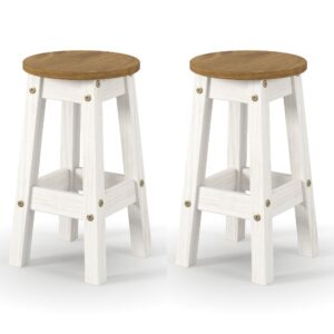 Consett White And Oak Round Wooden Bar Stools In Pair