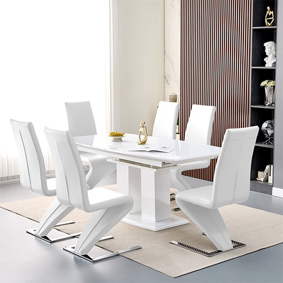 Genisimo Large Gloss Extending Dining Table 6 Demi Z White Chairs