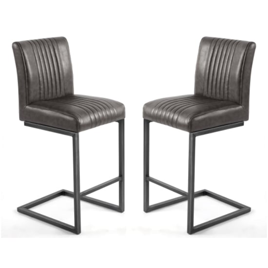 Aboba Grey Leather Bar Chairs With Metal Legs In Pair