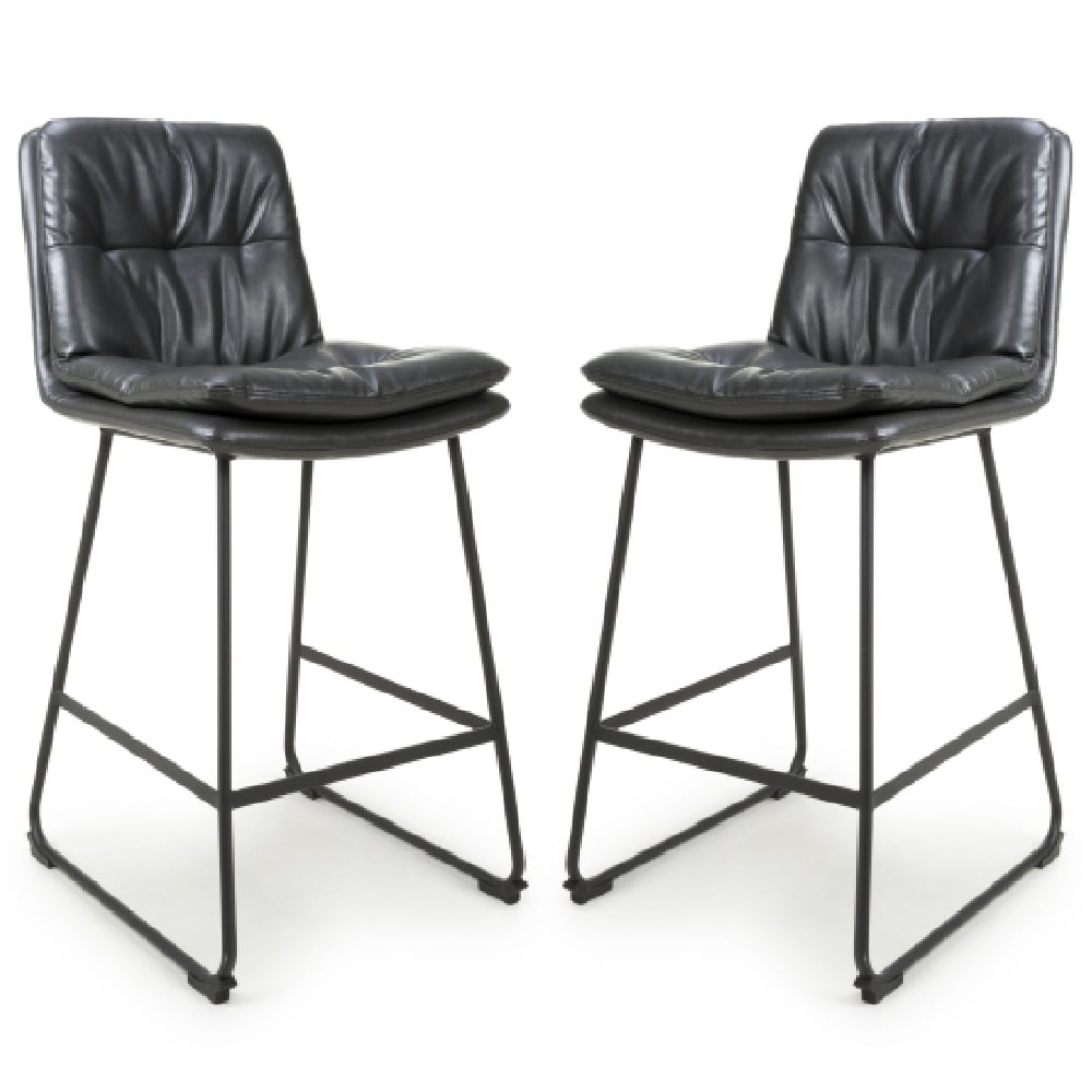 Attica Dark Grey Leather Bar Chairs With Metal Legs In Pair