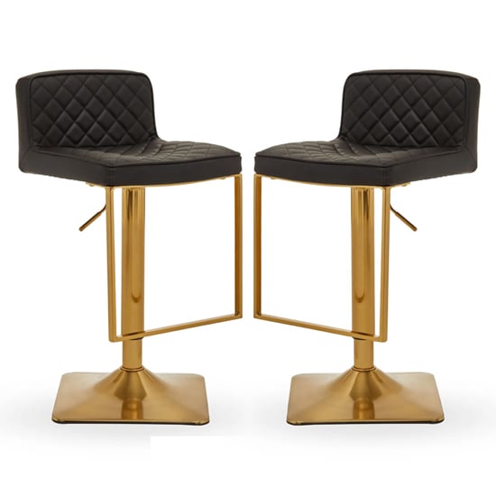 Baino Black Leather Bar Chairs With Gold Footrest In A Pair