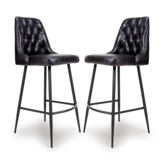 Basel Black Genuine Buffalo Leather Bar Chairs In Pair