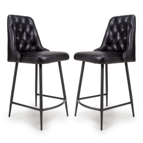 Basel Black Genuine Buffalo Leather Counter Bar Chairs In Pair