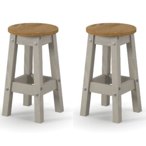 Consett Grey And Oak Round Wooden Bar Stools In Pair