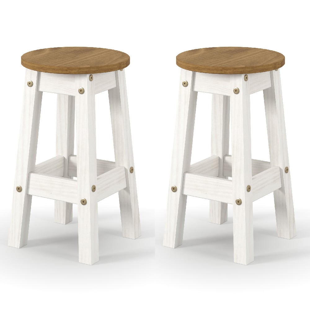 Consett White And Oak Round Wooden Bar Stools In Pair