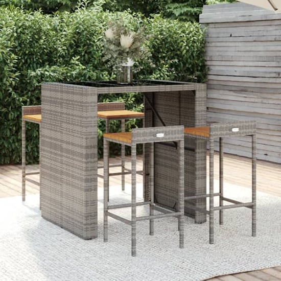 Elita Solid Wood 5 Piece Garden Bar Set In Grey Poly Rattan